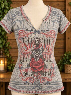 Sinful by Affliction Small Rose Dagger V-Neck Tee